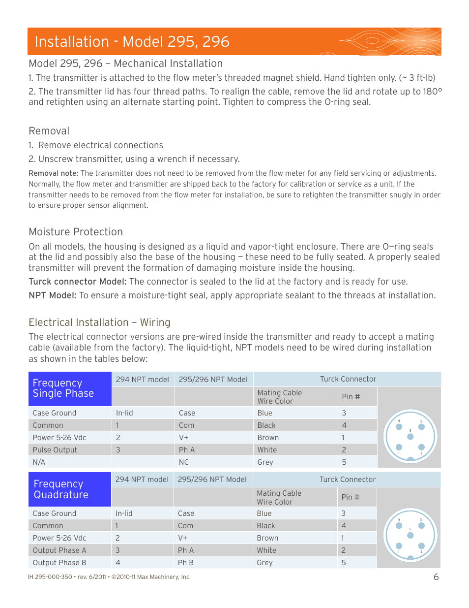 Mechanical installation, Removal, Moisture protection | Electrical installation, Wiring, Frequency single phase, Frequency quadrature | Max Machinery 290 Series Frequency (269, 294 and 295) User Manual | Page 6 / 13