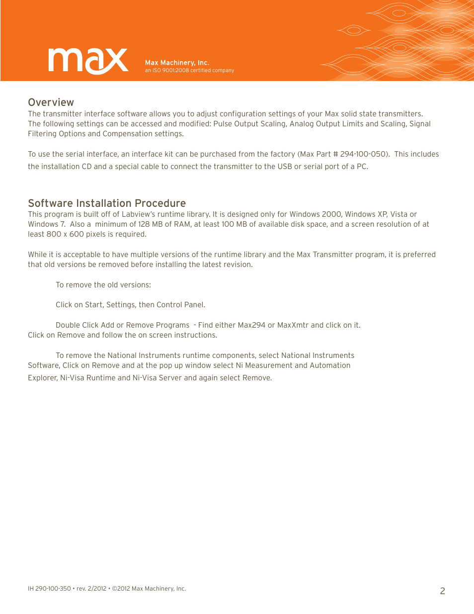 Overview, Software installation procedure | Max Machinery 290 Trasmitter Interface User Manual | Page 2 / 9