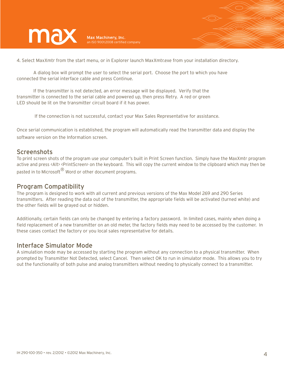 Screenshots, Program compatibility, Interface simulator mode | Max Machinery 290 Trasmitter Interface User Manual | Page 4 / 9