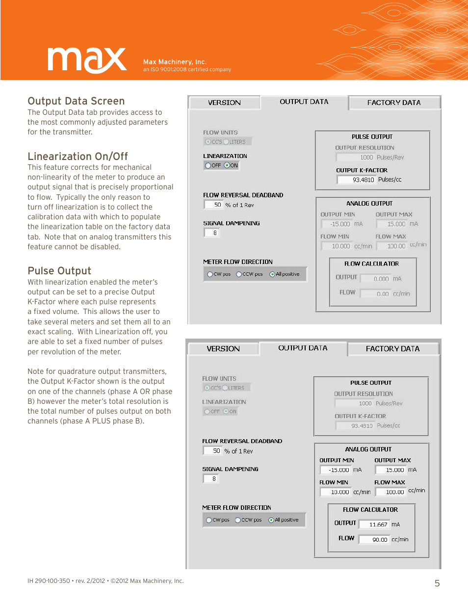 Output data screen, Linearization on/off, Pulse output | Max Machinery 290 Trasmitter Interface User Manual | Page 5 / 9