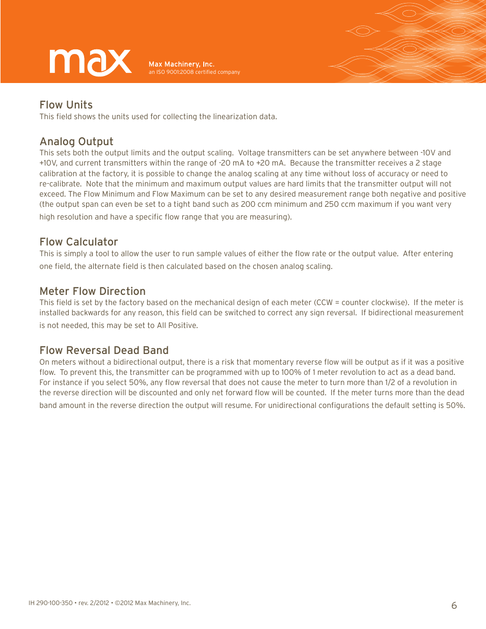 Flow units, Analog output, Flow calculator | Meter flow direction, Flow reversal dead band | Max Machinery 290 Trasmitter Interface User Manual | Page 6 / 9