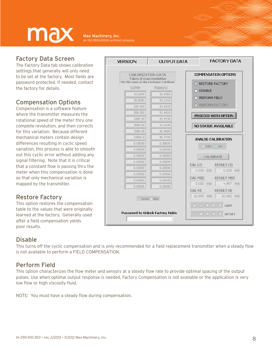 Factory data screen, Compensation options, Restore factory | Disable, Perform field | Max Machinery 290 Trasmitter Interface User Manual | Page 8 / 9