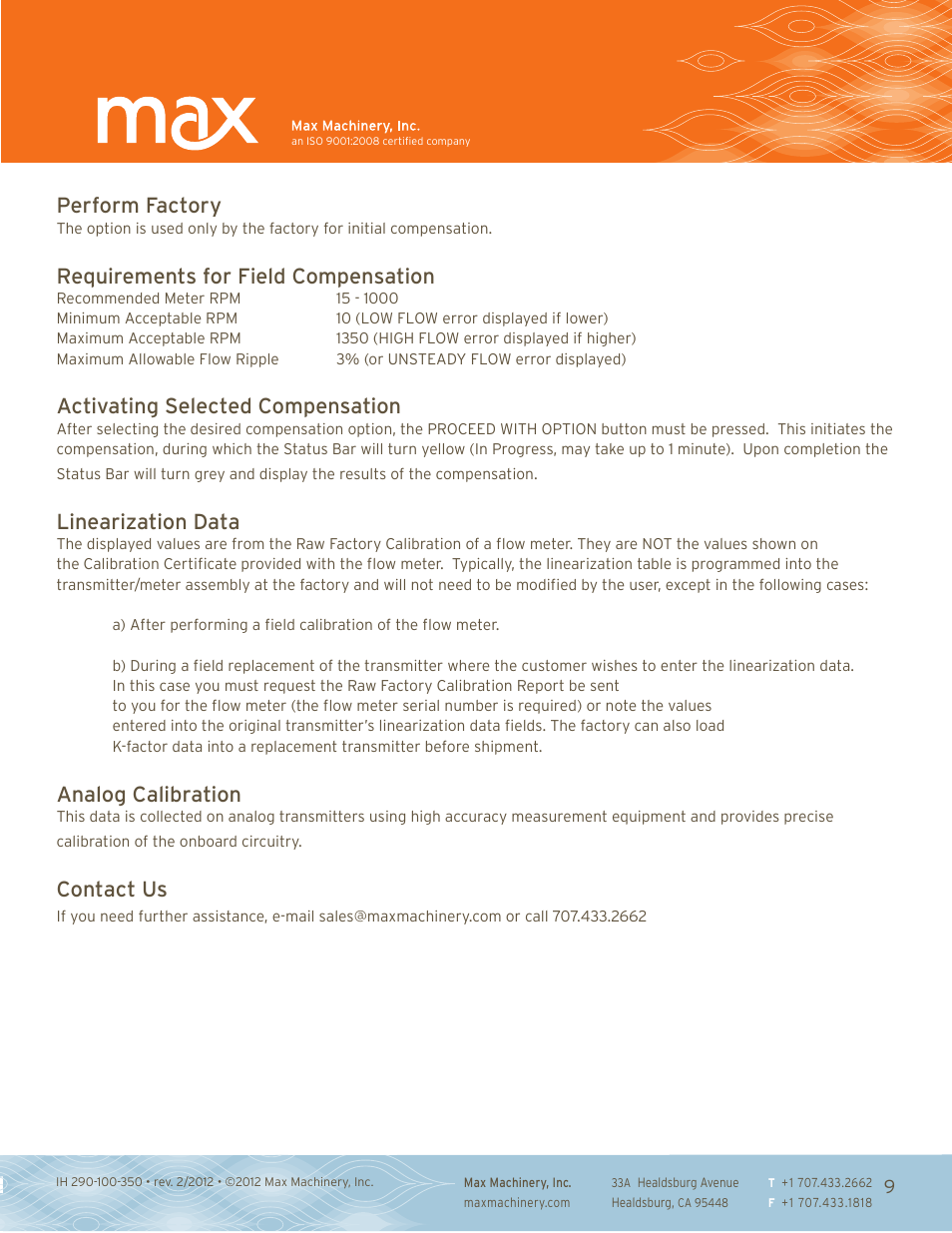 Perform factory, Requirements for field compensation, Activating selected compensation | Linearization data, Analog calibration, Contact us | Max Machinery 290 Trasmitter Interface User Manual | Page 9 / 9