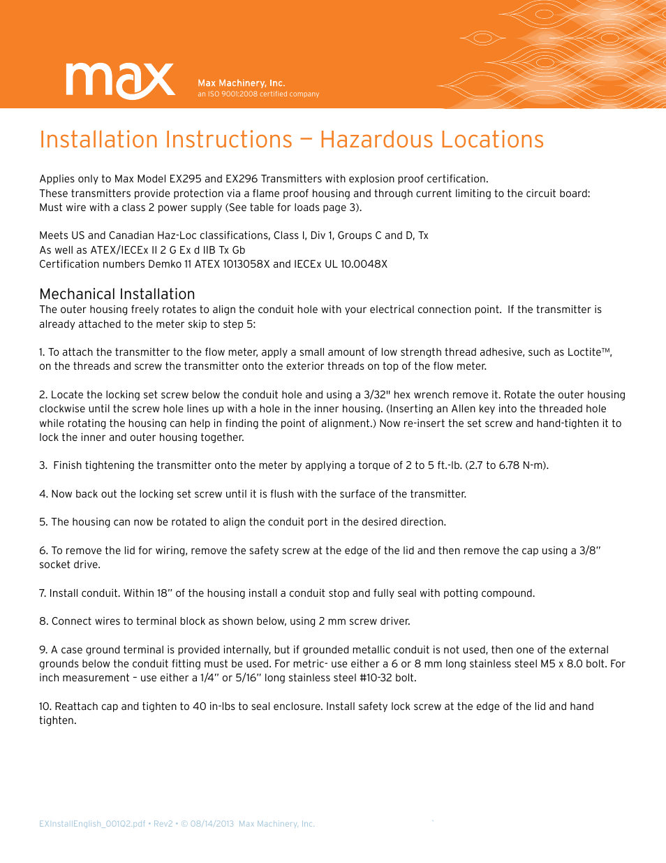 Max Machinery Explosion Proof Install User Manual | 4 pages