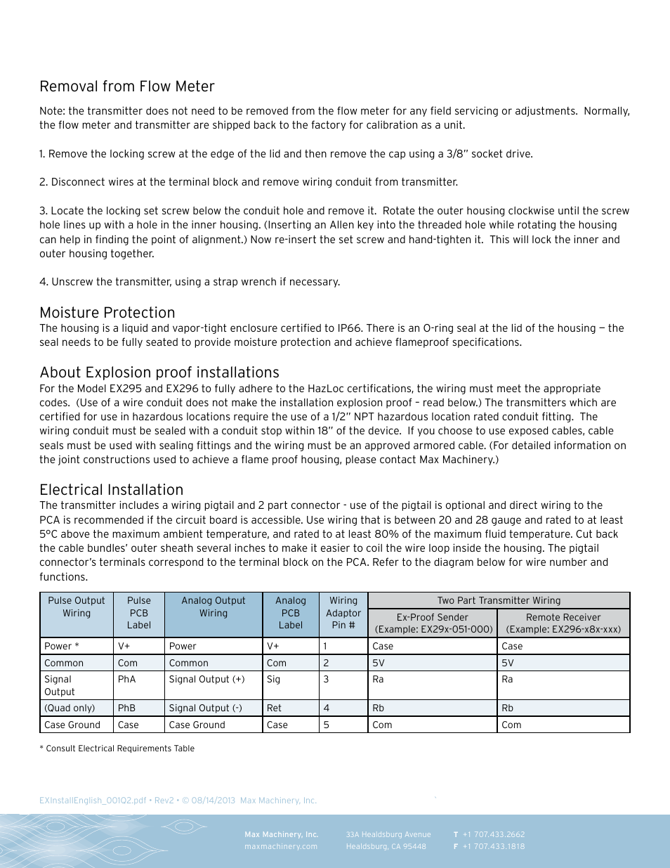 Removal from flow meter, Moisture protection, About explosion proof installations | Electrical installation | Max Machinery Explosion Proof Install User Manual | Page 2 / 4