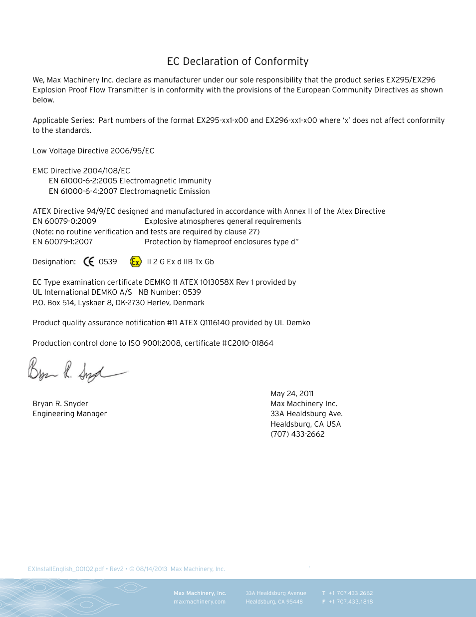 Ec declaration of conformity | Max Machinery Explosion Proof Install User Manual | Page 4 / 4