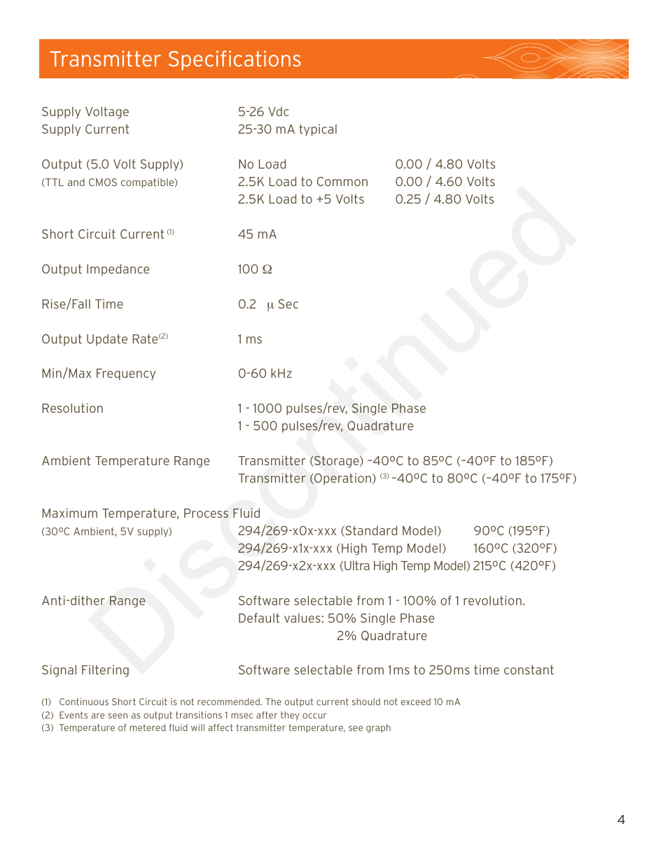 Discontinued, Transmitter specifications | Max Machinery 294_269 High Resolution, Linearized Frequency Transmitters User Manual | Page 4 / 8