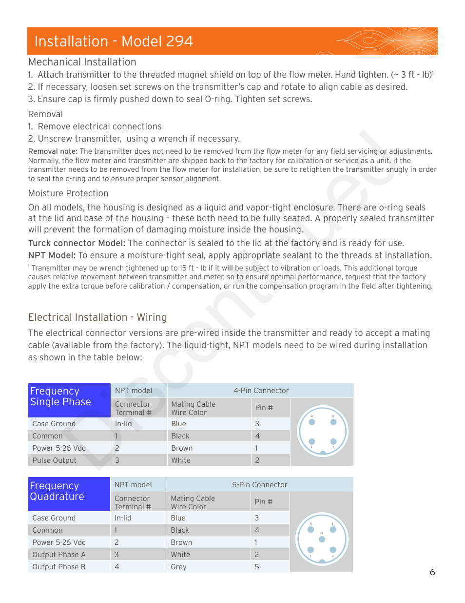 Discontinued, Installation - model 294, Mechanical installation | Electrical installation - wiring, Frequency single phase, Frequency quadrature | Max Machinery 294_269 High Resolution, Linearized Frequency Transmitters User Manual | Page 6 / 8