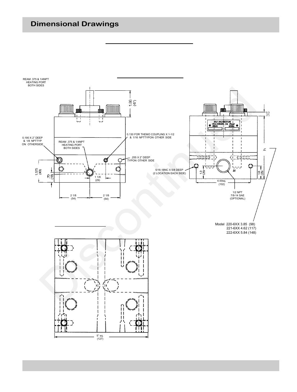 Discontinued, Dimensional drawings 3000 psi rated versions | Max Machinery 220, 221 and 222 FLOW METERS User Manual | Page 7 / 13