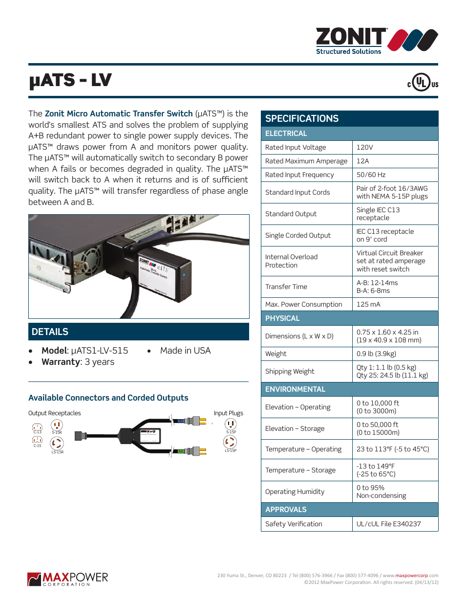 MaxPower Corp Zonit µATS – LV User Manual | 1 page