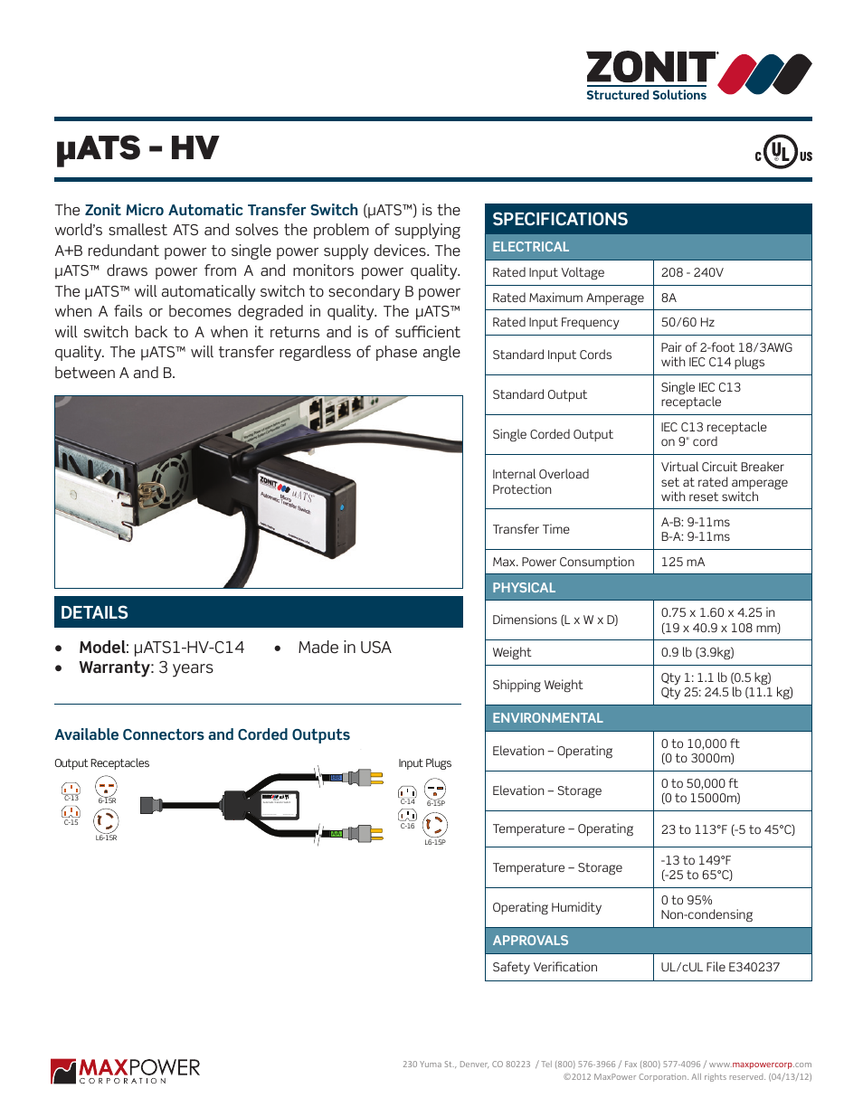 MaxPower Corp Zonit µATS – HV User Manual | 1 page