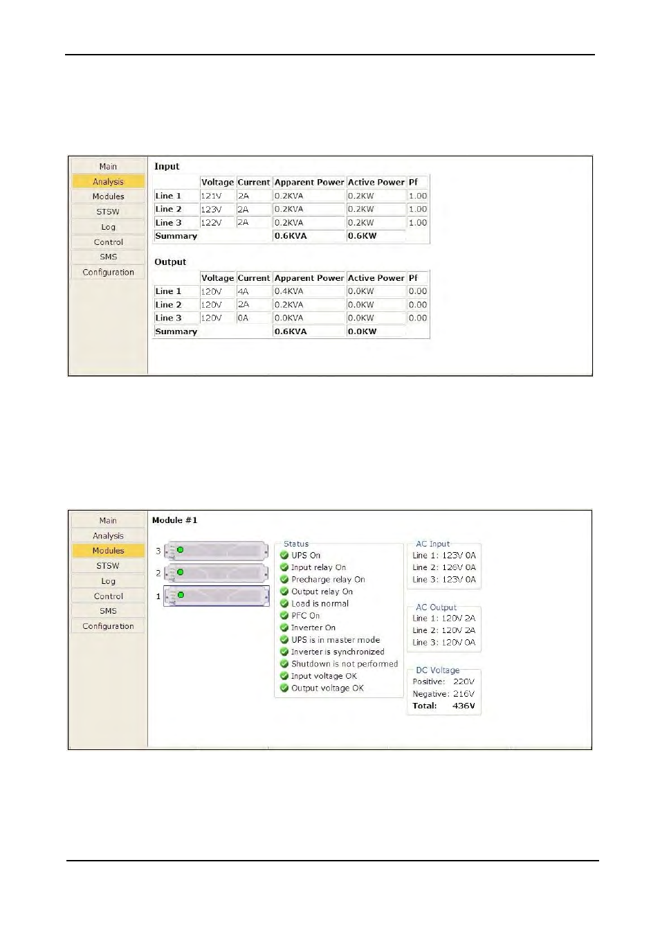 1 “analysis” main menu option, 2 “modules” main menu option, Analysis” main menu option | Modules” main menu option, Igure, Odules measurements and status display | MaxPower Corp Gamatronic Power+ RM100 User Manual | Page 157 / 183