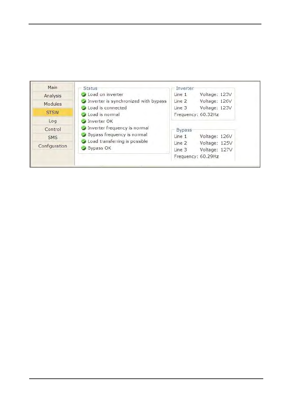 3 “stsw” (static switch) main menu option, Stsw” (static switch) main menu option, Igure | Tatic, Witch data and status display | MaxPower Corp Gamatronic Power+ RM100 User Manual | Page 158 / 183