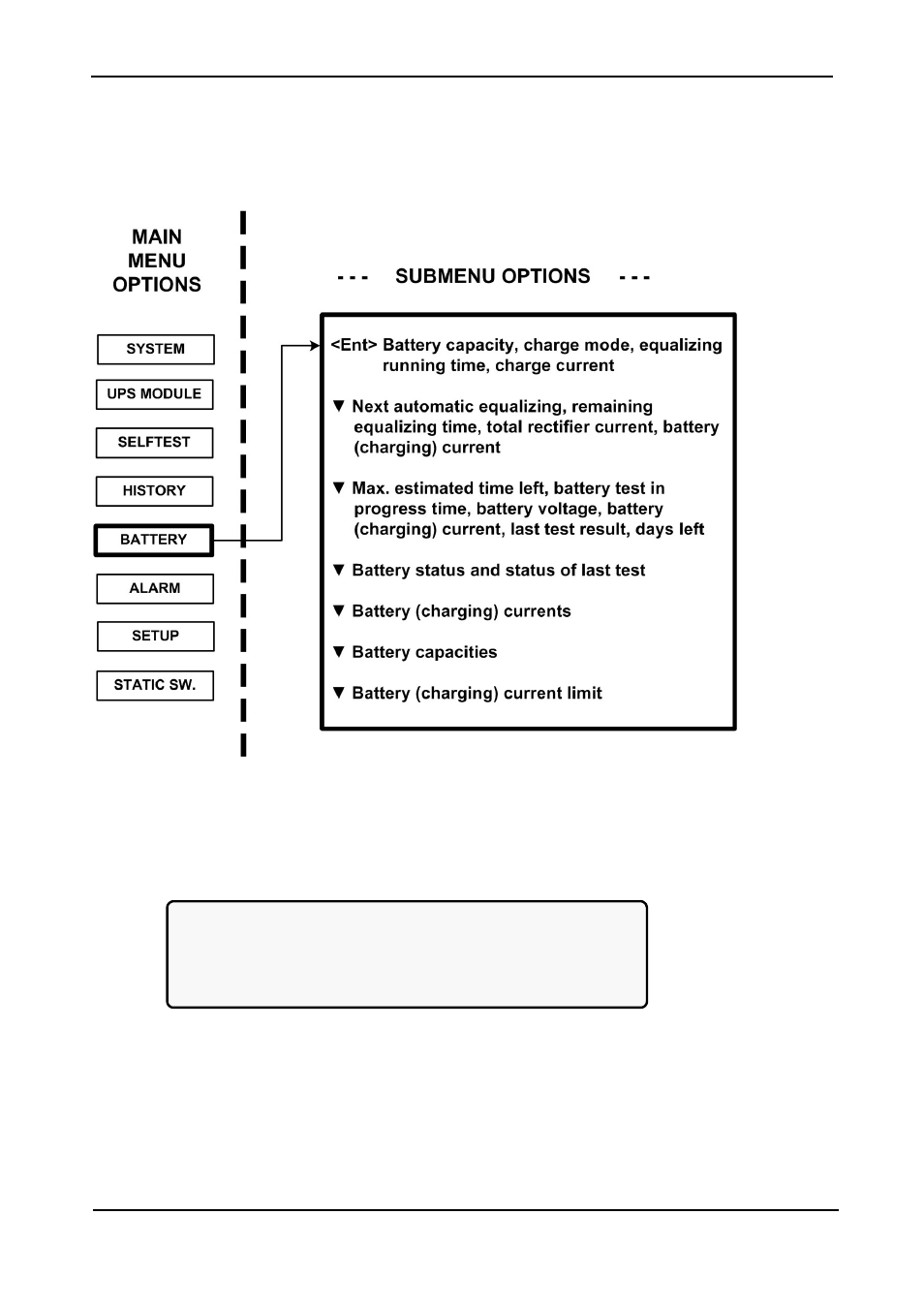 6 “battery” option, Battery” option, Figure 120: main menu option 5 (“battery”) | Figure 121: battery status | MaxPower Corp Gamatronic Power+ M50-RM User Manual | Page 104 / 192