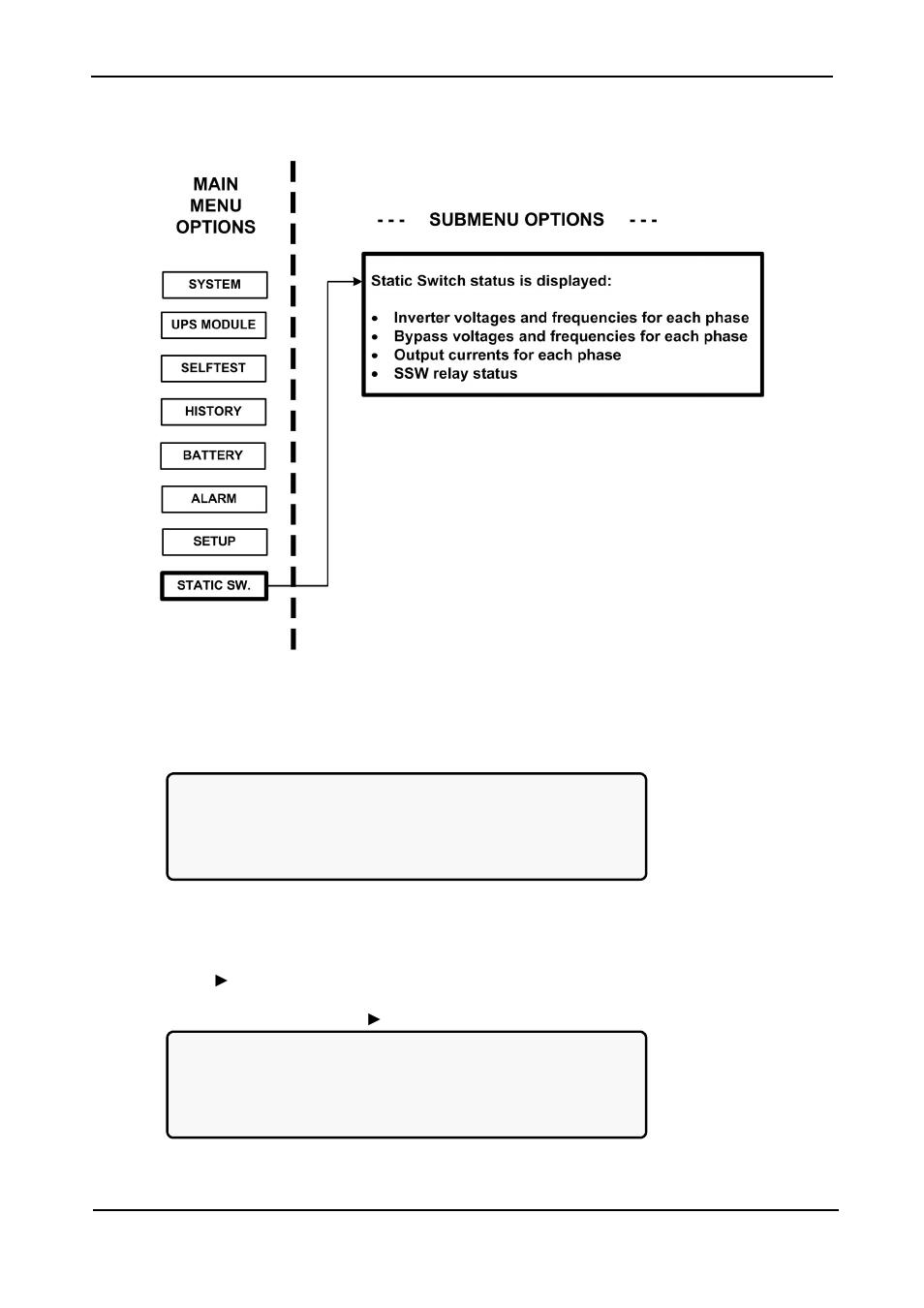 14 “static switch” option, Static switch” option, Figure 286: static switch option | Figure 287: static switch voltage and frequency, Figure 288: static switch messaging status | MaxPower Corp Gamatronic Power+ M50-RM User Manual | Page 156 / 192