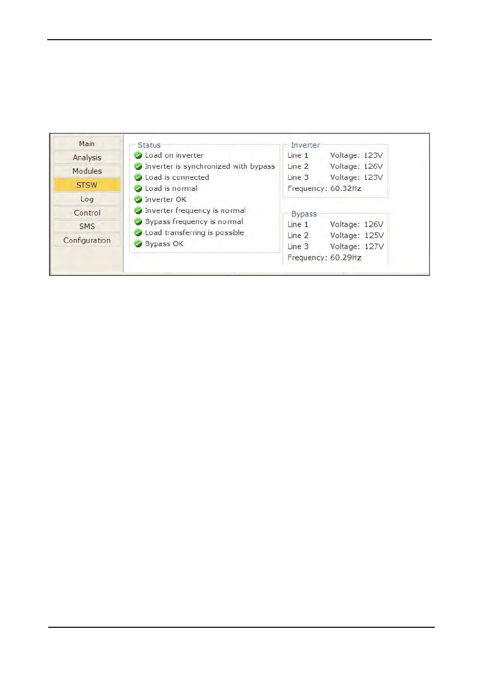 3 “stsw” (static switch) main menu option, Stsw” (static switch) main menu option, Figure 307: static switch data and status display | MaxPower Corp Gamatronic Power+ M50-RM User Manual | Page 167 / 192