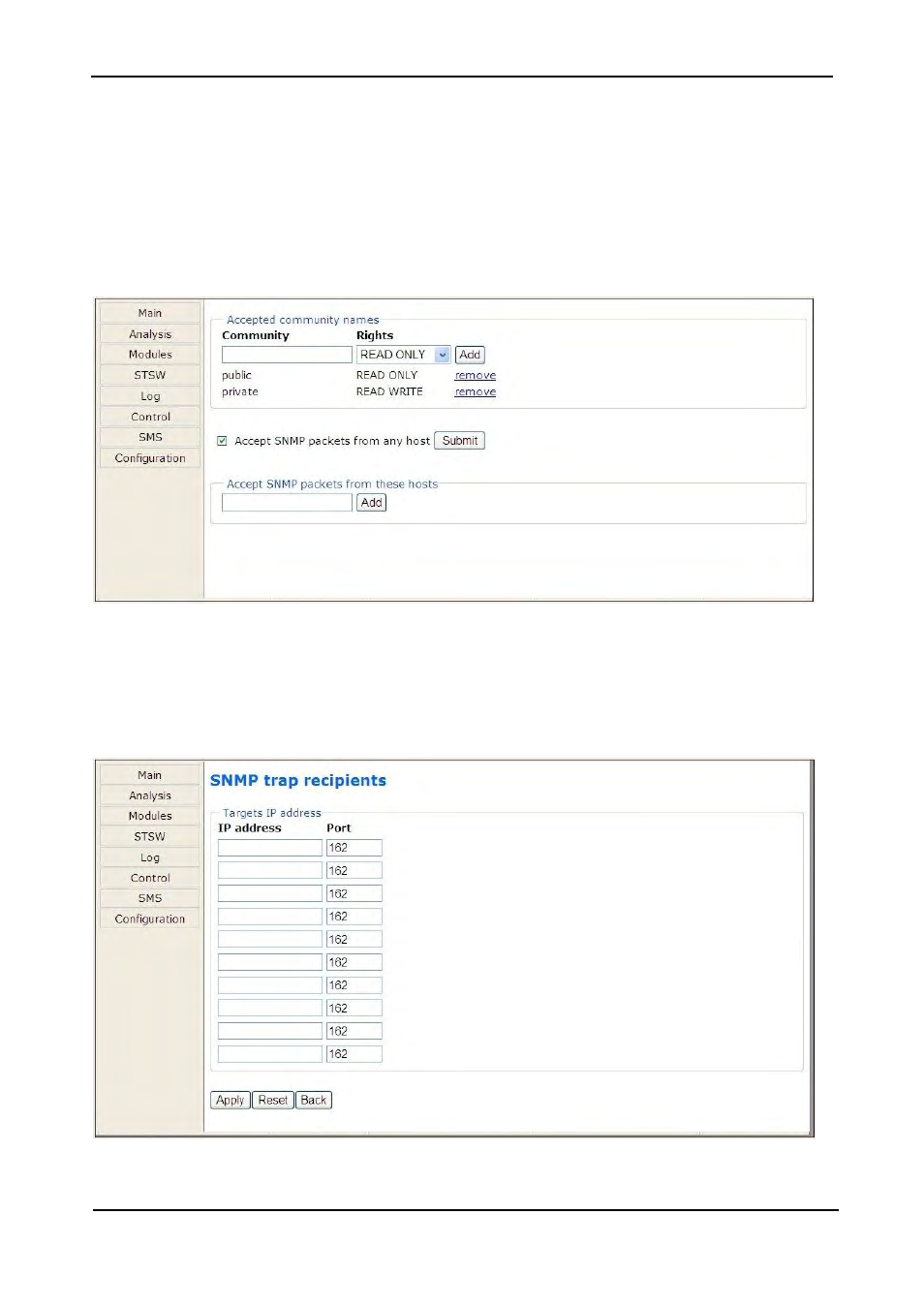 4 snmp security, 5 snmp trap targets, Snmp security | Snmp trap targets, Figure 315: define snmp permissions, Figure 316: defining snmp trap targets | MaxPower Corp Gamatronic Power+ M50-RM User Manual | Page 175 / 192