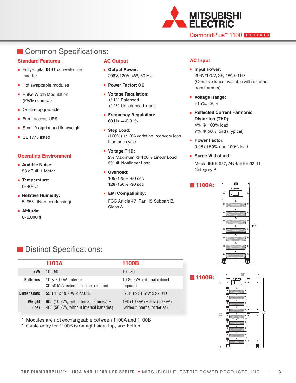 Common specifications, Distinct specifications | MaxPower Corp Mitsubishi DiamondPlus 1100A and 1100B User Manual | Page 3 / 4