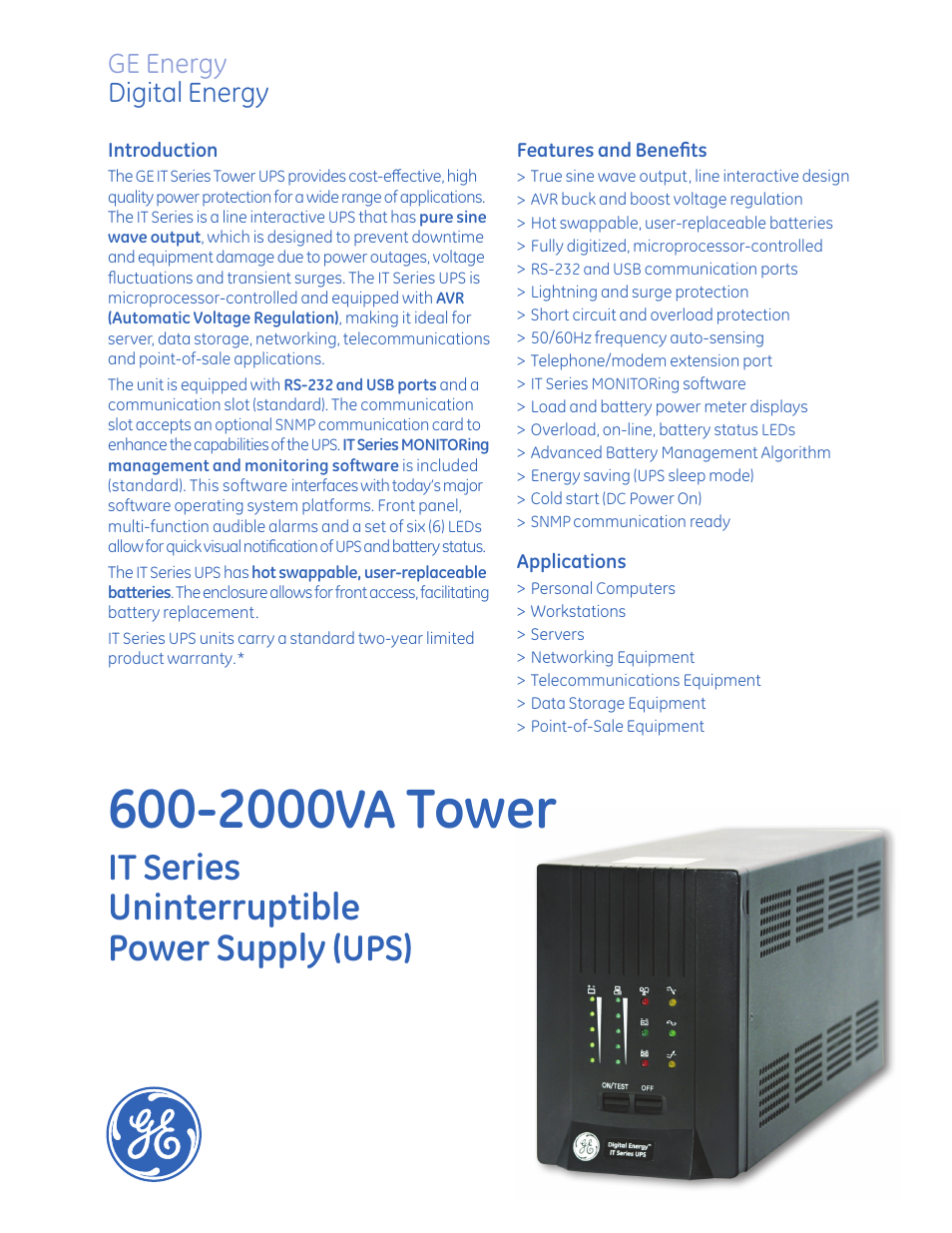 MaxPower Corp GE IT Series _ 600VA-2kVA tower User Manual | 2 pages