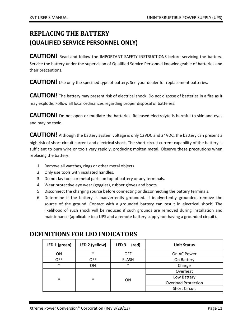 Replacing the battery, Definitions for led indicators, Caution | MaxPower Corp XVT Series User Manual | Page 11 / 19