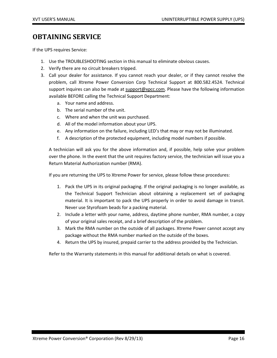 Obtaining service | MaxPower Corp XVT Series User Manual | Page 16 / 19