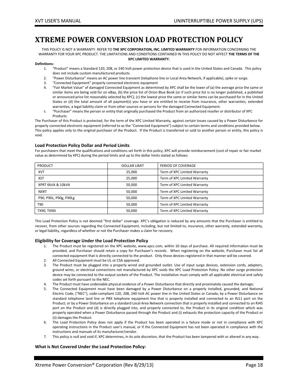 Xtreme power conversion load protection policy | MaxPower Corp XVT Series User Manual | Page 18 / 19