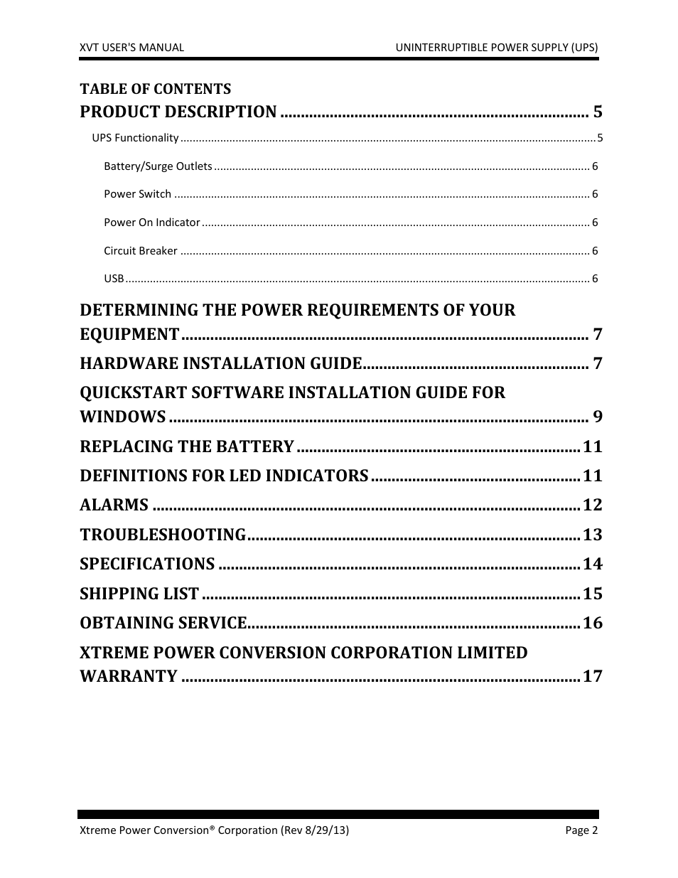 Product description, Hardware installation guide, Quickstart software installation guide for windows | Replacing the battery, Definitions for led indicators, Alarms, Troubleshooting, Specifications, Shipping list, Obtaining service | MaxPower Corp XVT Series User Manual | Page 2 / 19