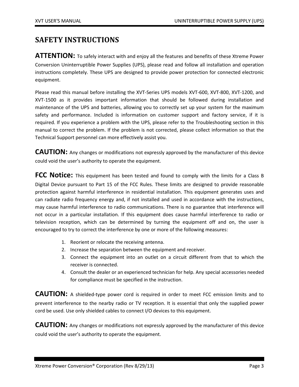 Safety instructions attention, Caution, Fcc notice | MaxPower Corp XVT Series User Manual | Page 3 / 19