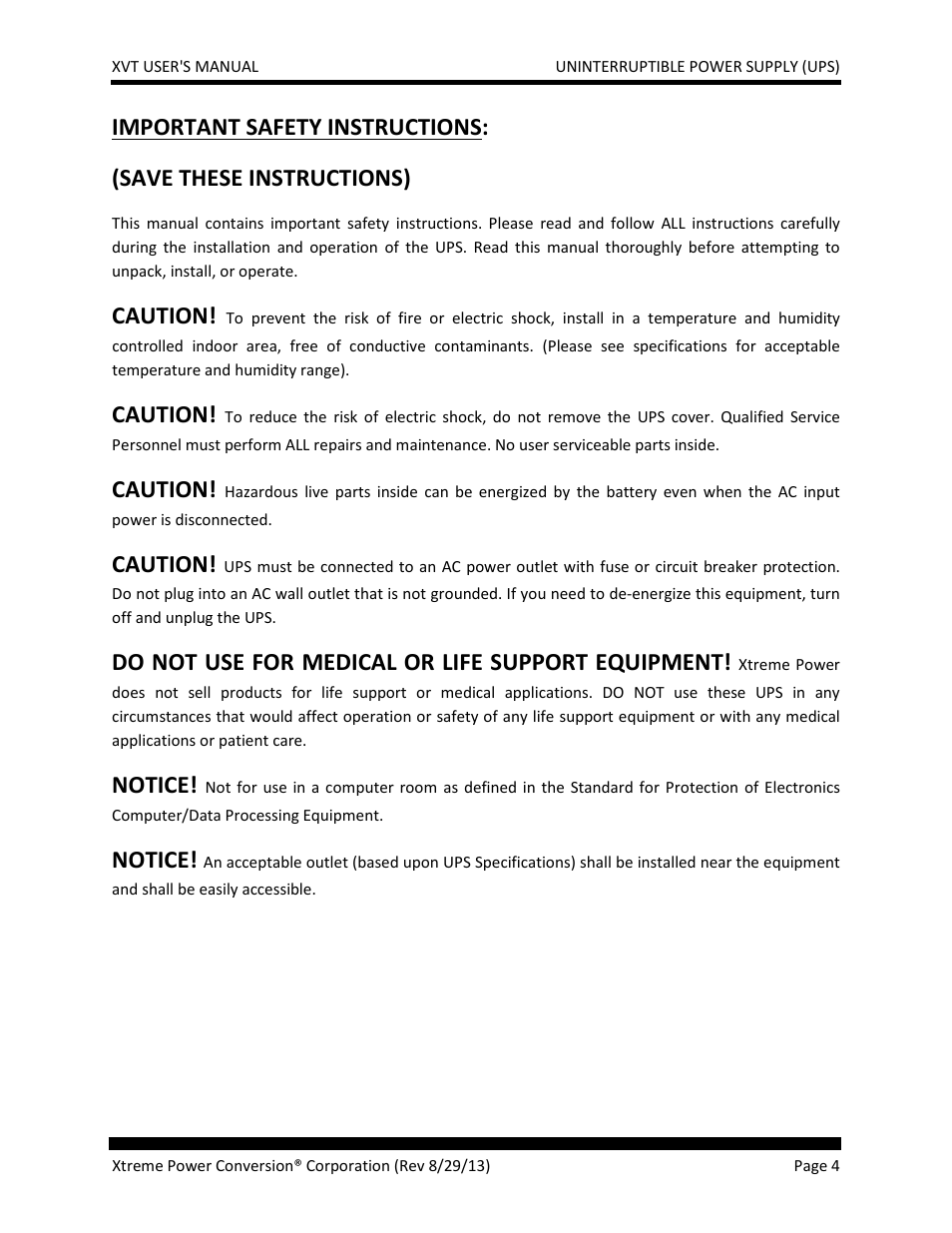 Caution, Do not use for medical or life support equipment, Notice | MaxPower Corp XVT Series User Manual | Page 4 / 19