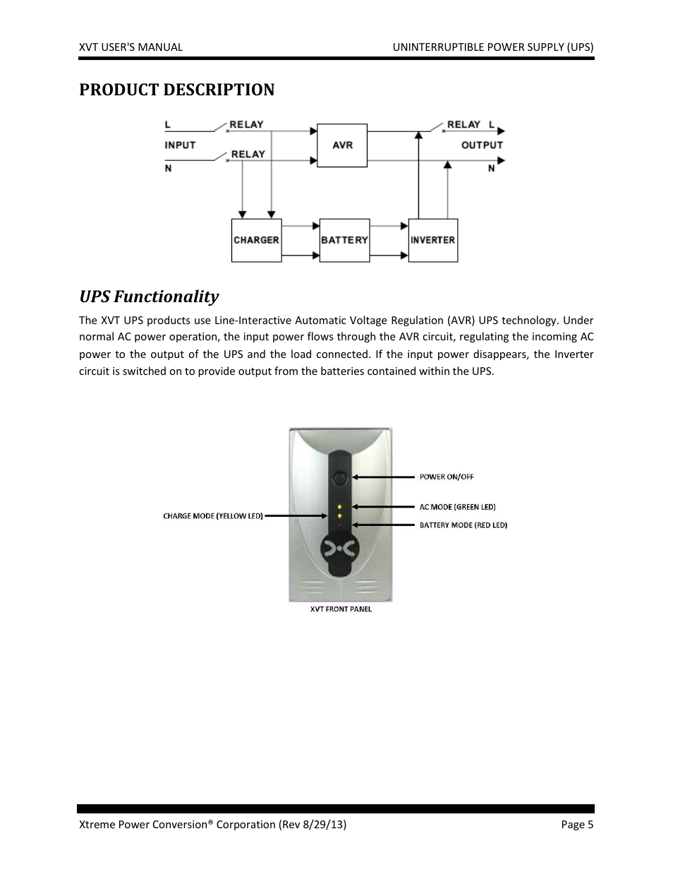 Ups functionality, Product description | MaxPower Corp XVT Series User Manual | Page 5 / 19