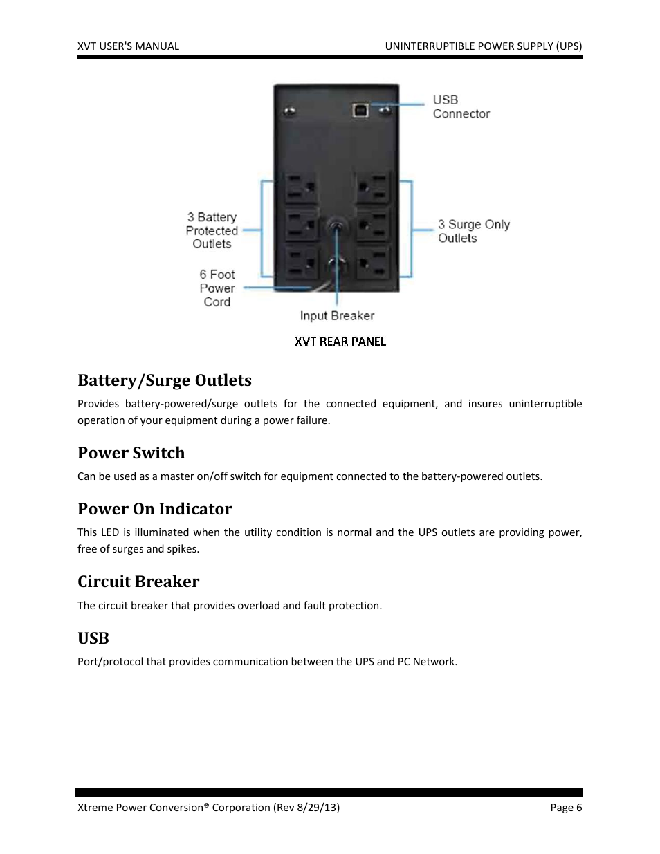 Battery/surge outlets, Power switch, Power on indicator | Circuit breaker | MaxPower Corp XVT Series User Manual | Page 6 / 19