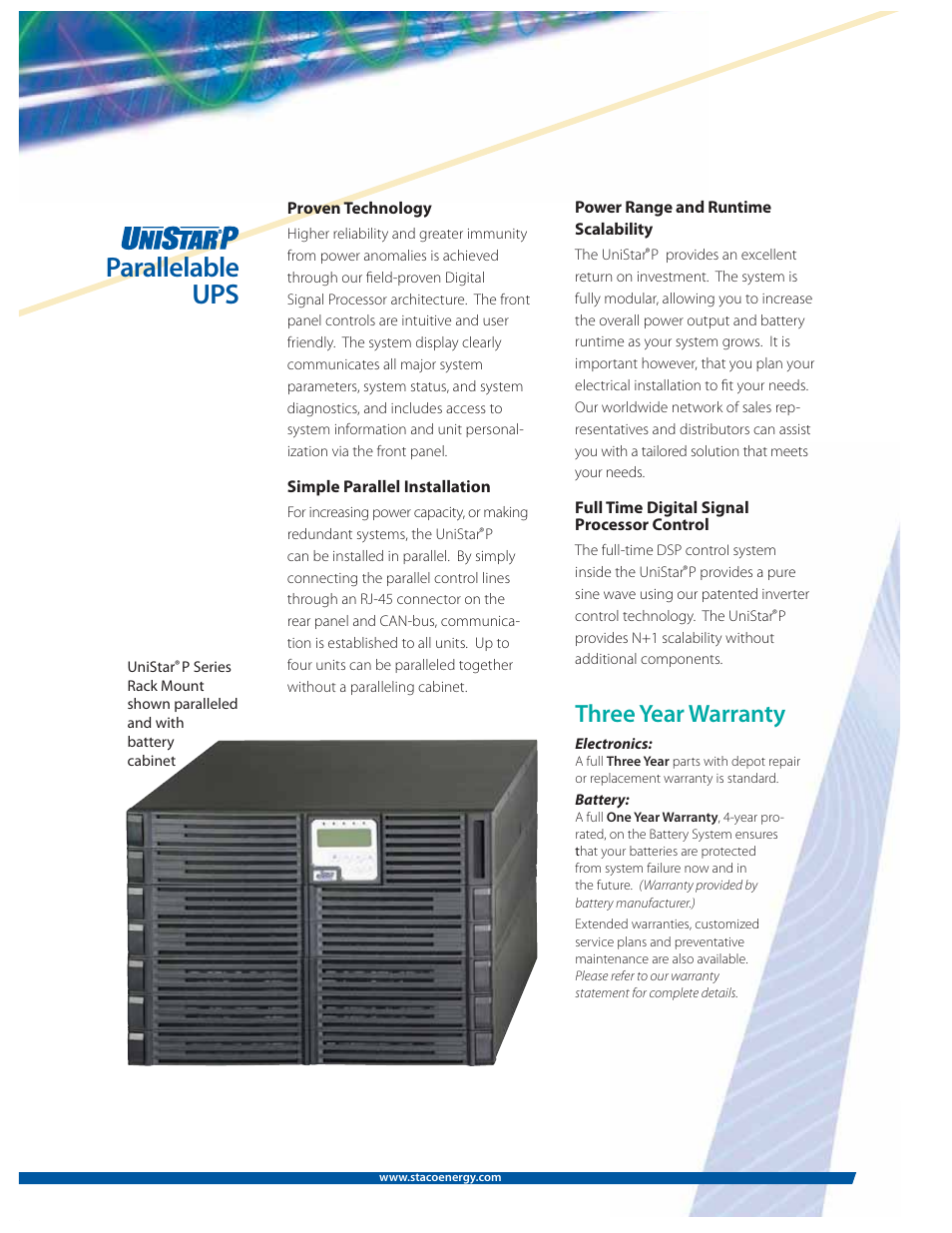 Parallelable ups, Three year warranty | MaxPower Corp UniStar P Rack User Manual | Page 2 / 6