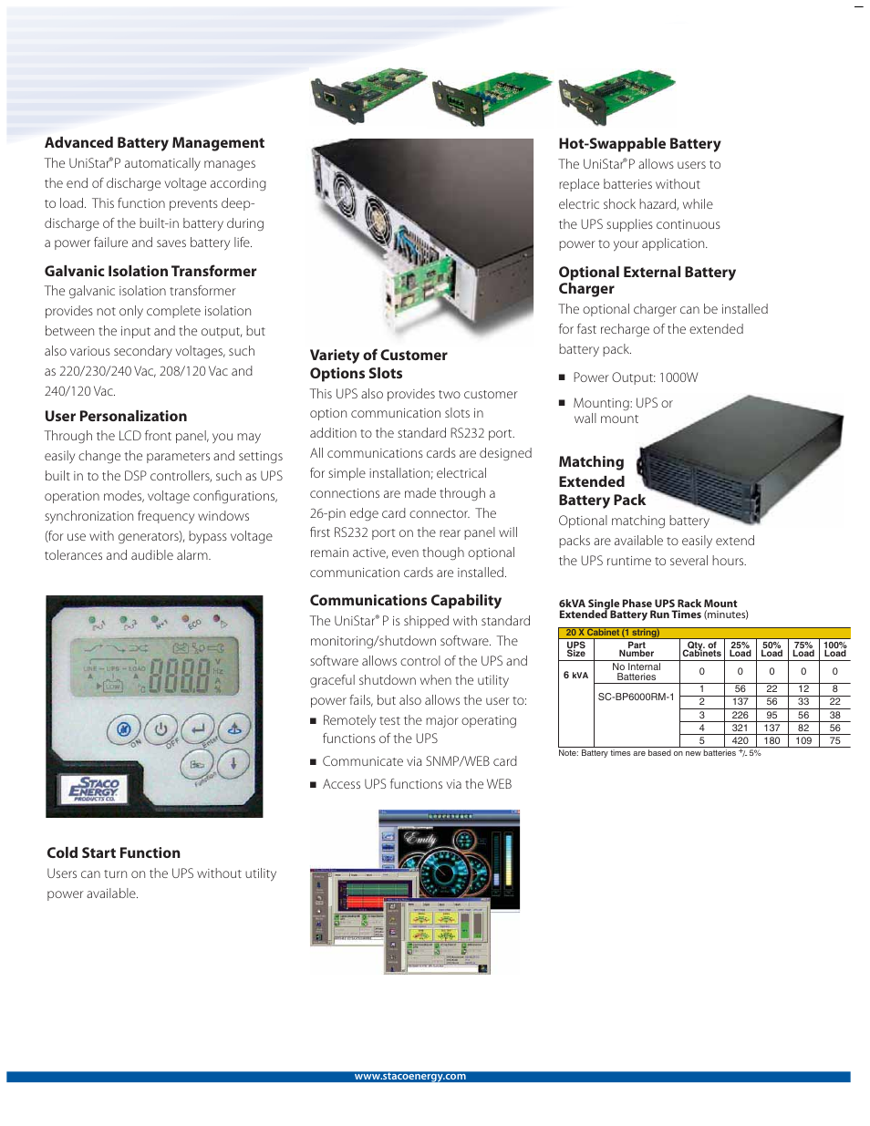 Advanced battery management, Galvanic isolation transformer, User personalization | Cold start function, Variety of customer options slots, Communications capability, Hot-swappable battery, Optional external battery charger, Matching extended battery pack | MaxPower Corp UniStar P Rack User Manual | Page 4 / 6