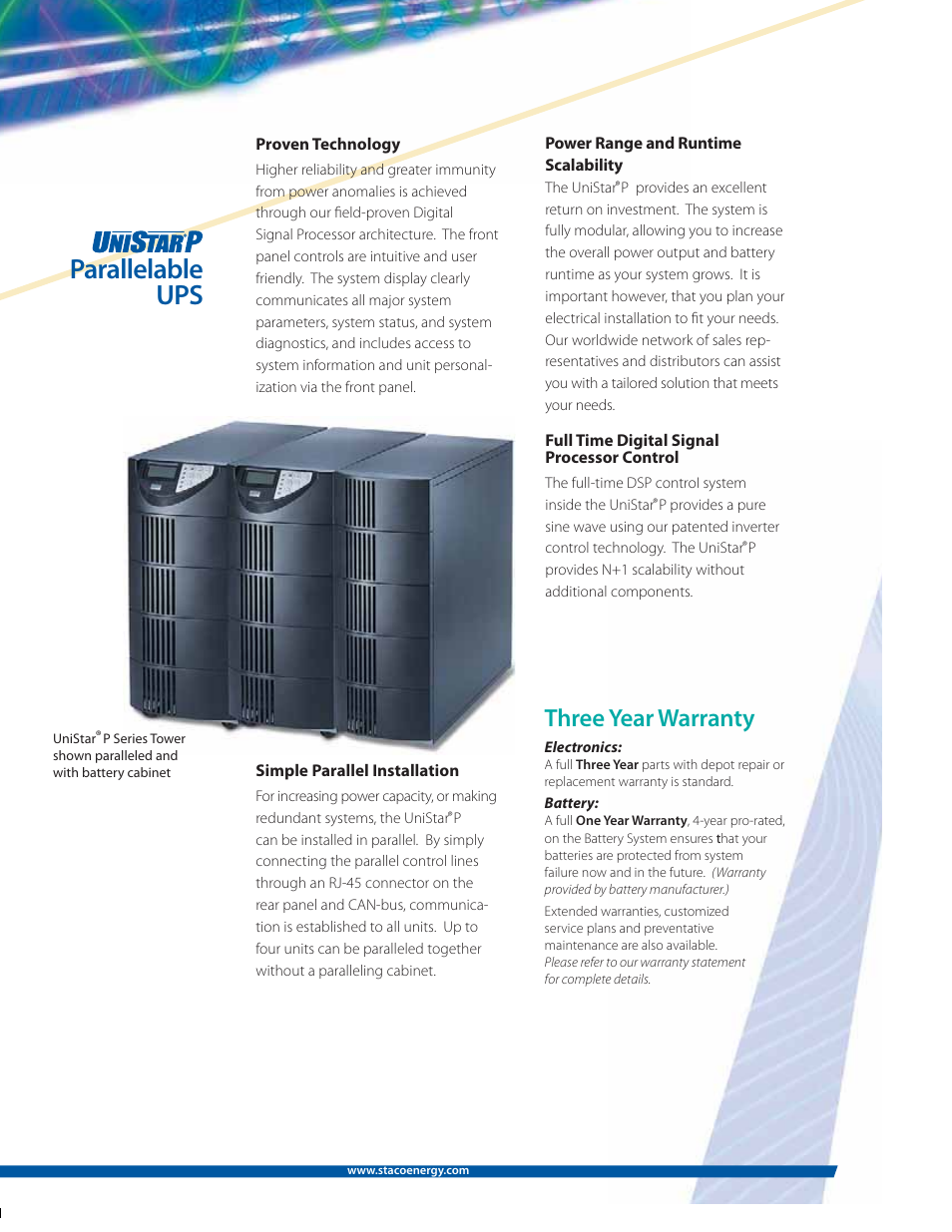 Parallelable ups, Three year warranty | MaxPower Corp UniStar P Tower User Manual | Page 2 / 6