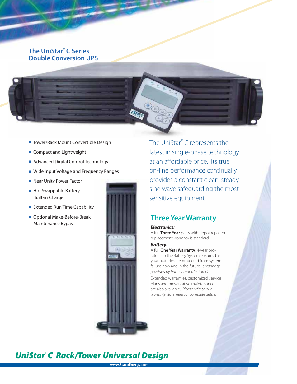 Unistar, C rack/tower universal design, Three year warranty | The unistar, C series double conversion ups | MaxPower Corp UniStar C Rack_Tower User Manual | Page 2 / 6