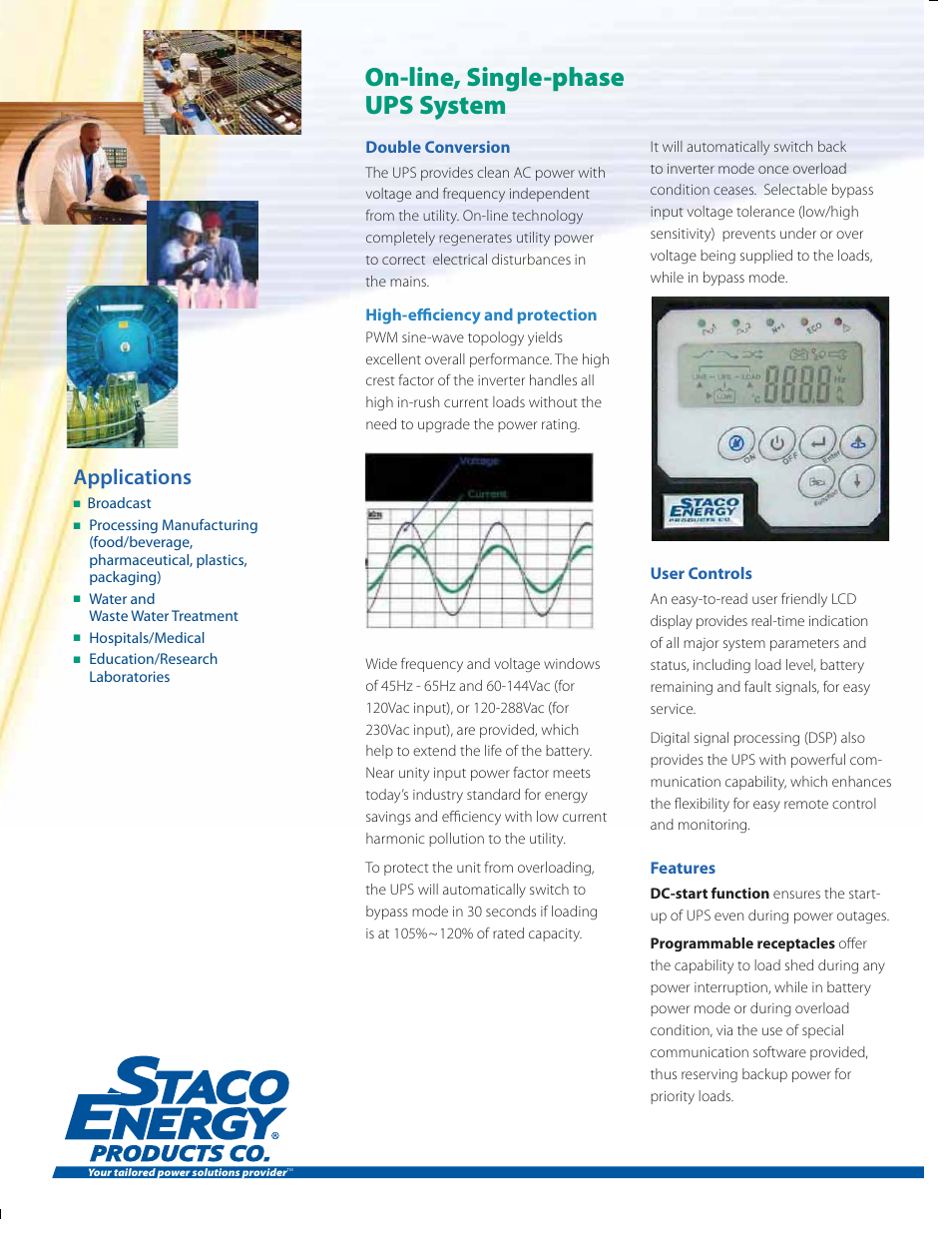 On-line, single-phase ups system, Applications | MaxPower Corp UniStar C Rack_Tower User Manual | Page 3 / 6