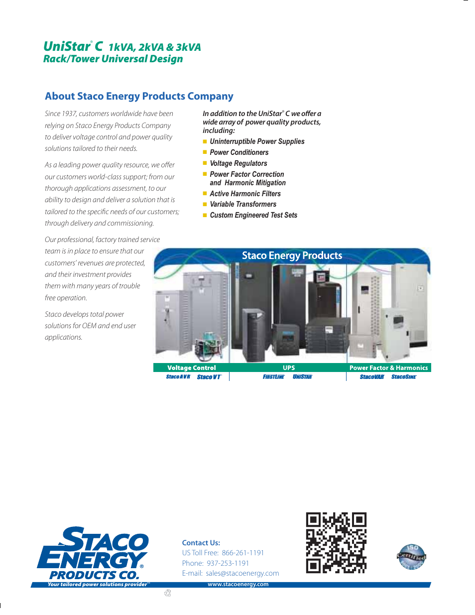Unistar, About staco energy products company, 1kva, 2kva & 3kva rack/tower universal design | MaxPower Corp UniStar C Rack_Tower User Manual | Page 6 / 6