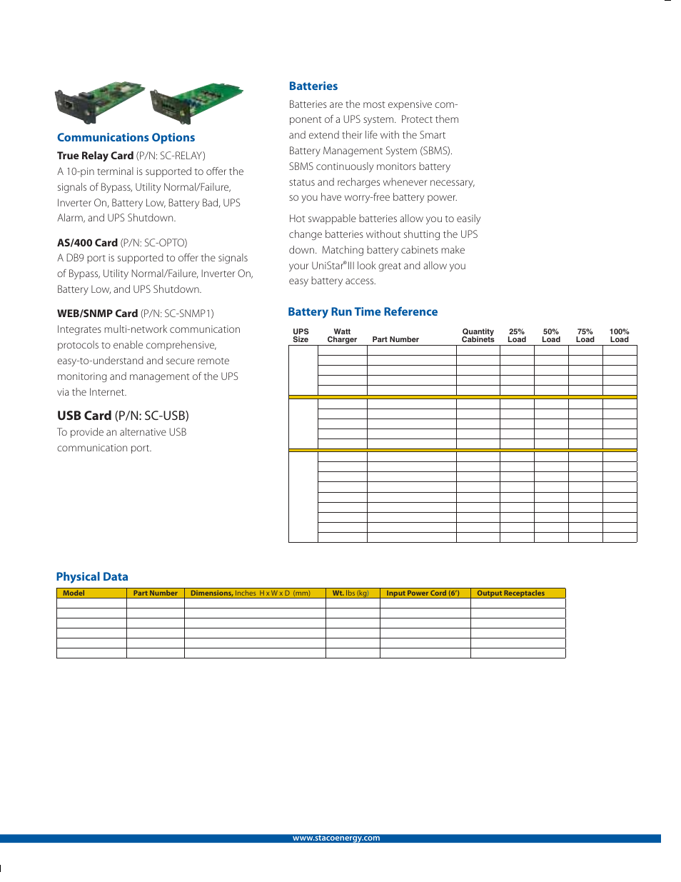 Usb card (p/n: sc-usb), Communications options, Batteries | Battery run time reference physical data, Iii look great and allow you easy battery access | MaxPower Corp UniStar III Tower User Manual | Page 4 / 6