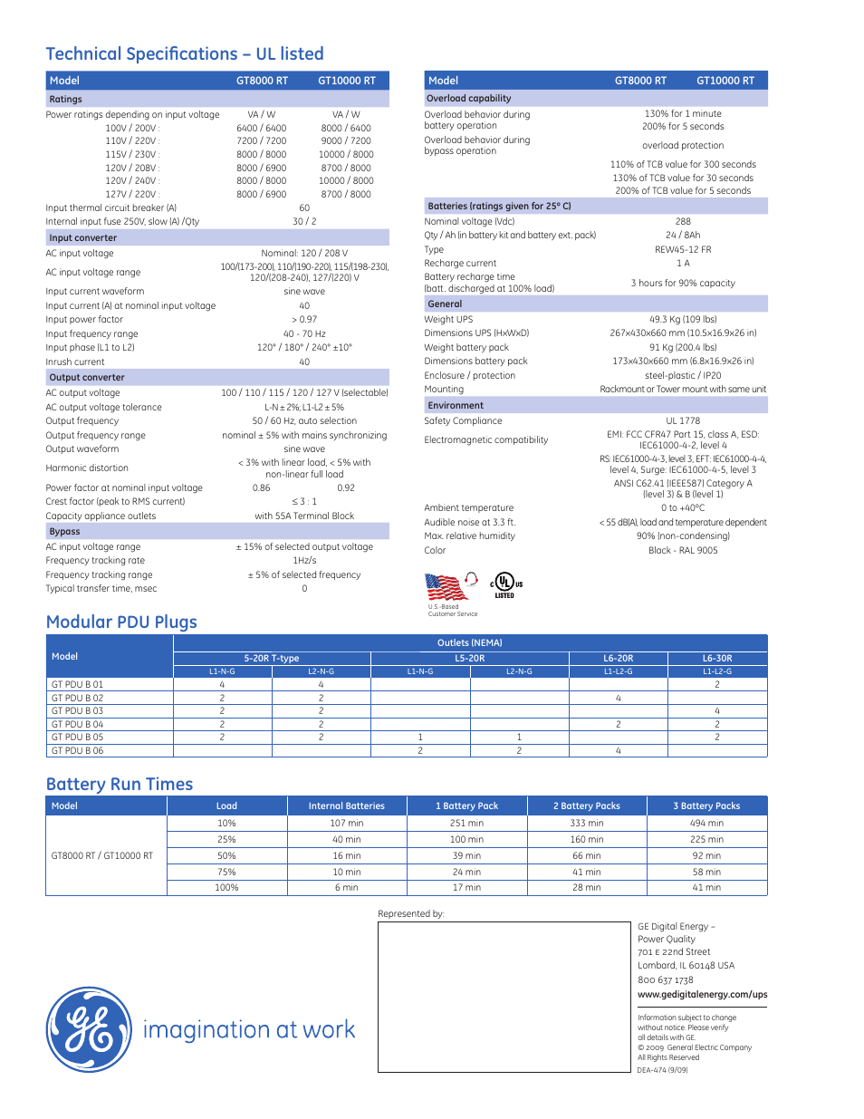 Technical speciﬁ cations, Listed, Modular | Lugs battery run times | MaxPower Corp GE GT Series 8 & 10kVA User Manual | Page 2 / 2