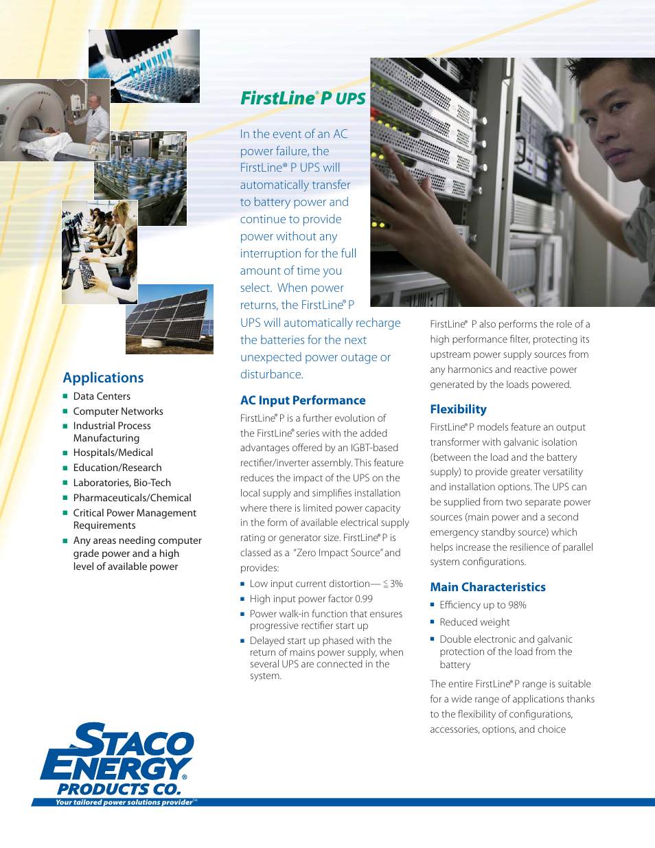 Firstline, Applications, Flexibility | Main characteristics | MaxPower Corp FirstLine P User Manual | Page 2 / 8