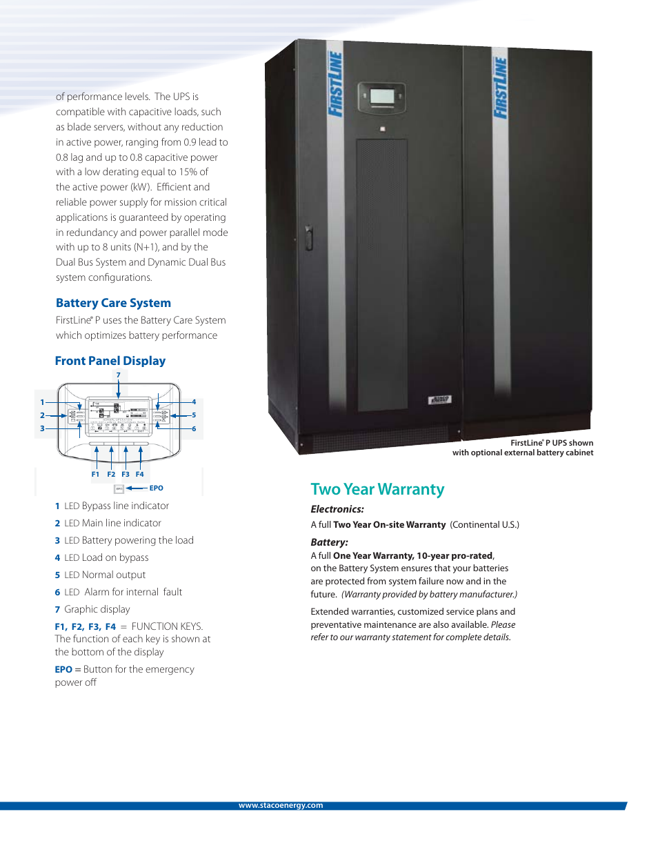 Two year warranty, Front panel display, Battery care system | MaxPower Corp FirstLine P User Manual | Page 3 / 8