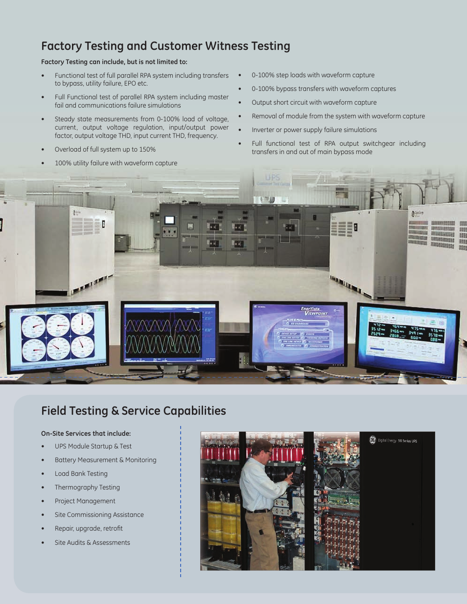 Factory testing and customer witness testing, Field testing & service capabilities | MaxPower Corp GE SG Series 10-150kVA User Manual | Page 10 / 12