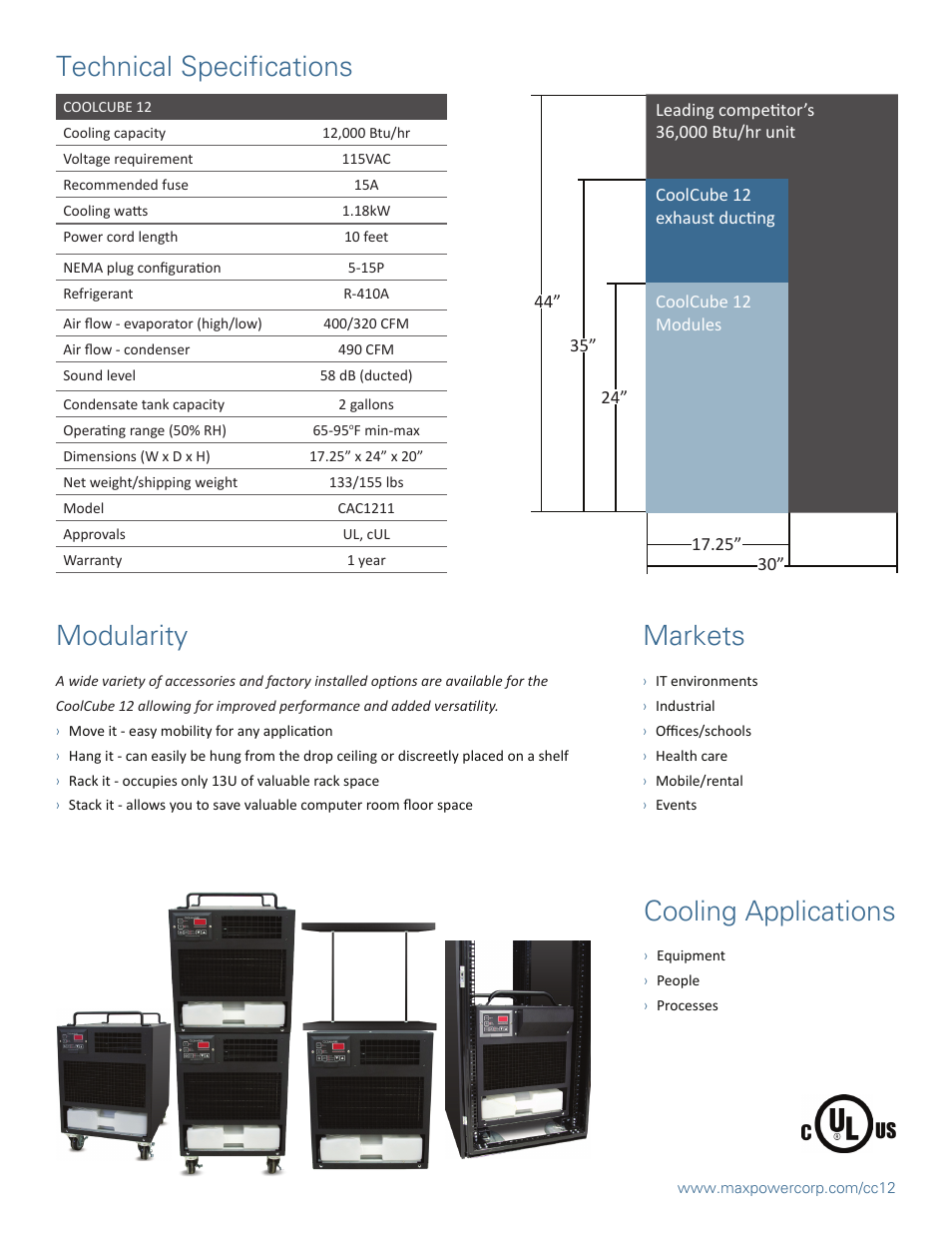 Cooling applications, Technical specifications markets, Modularity | MaxPower Corp CoolCube 12 Spot Cooling User Manual | Page 2 / 2