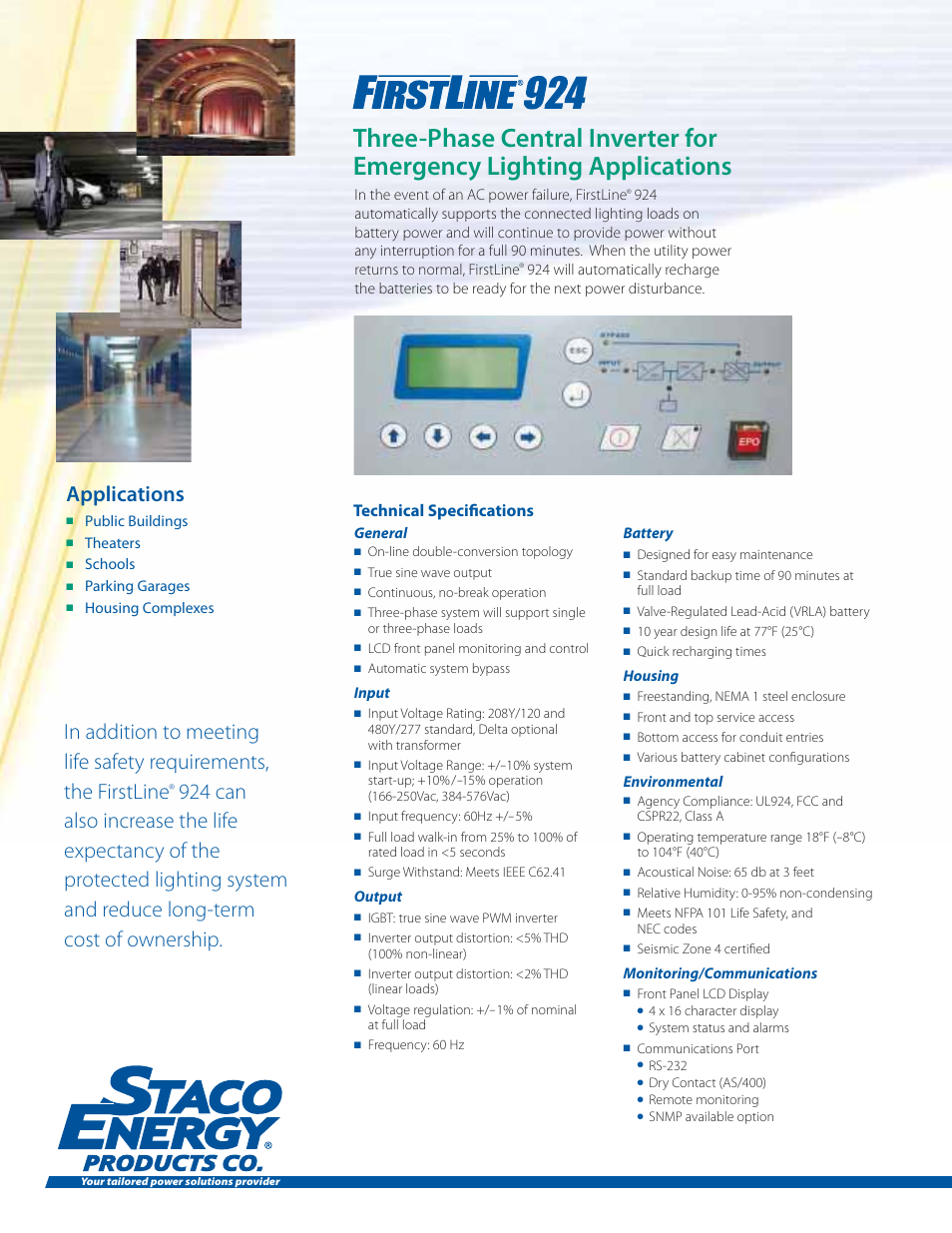 Applications, Technical specifi cations | MaxPower Corp FirstLine 924 8, 12, 16kW User Manual | Page 2 / 4