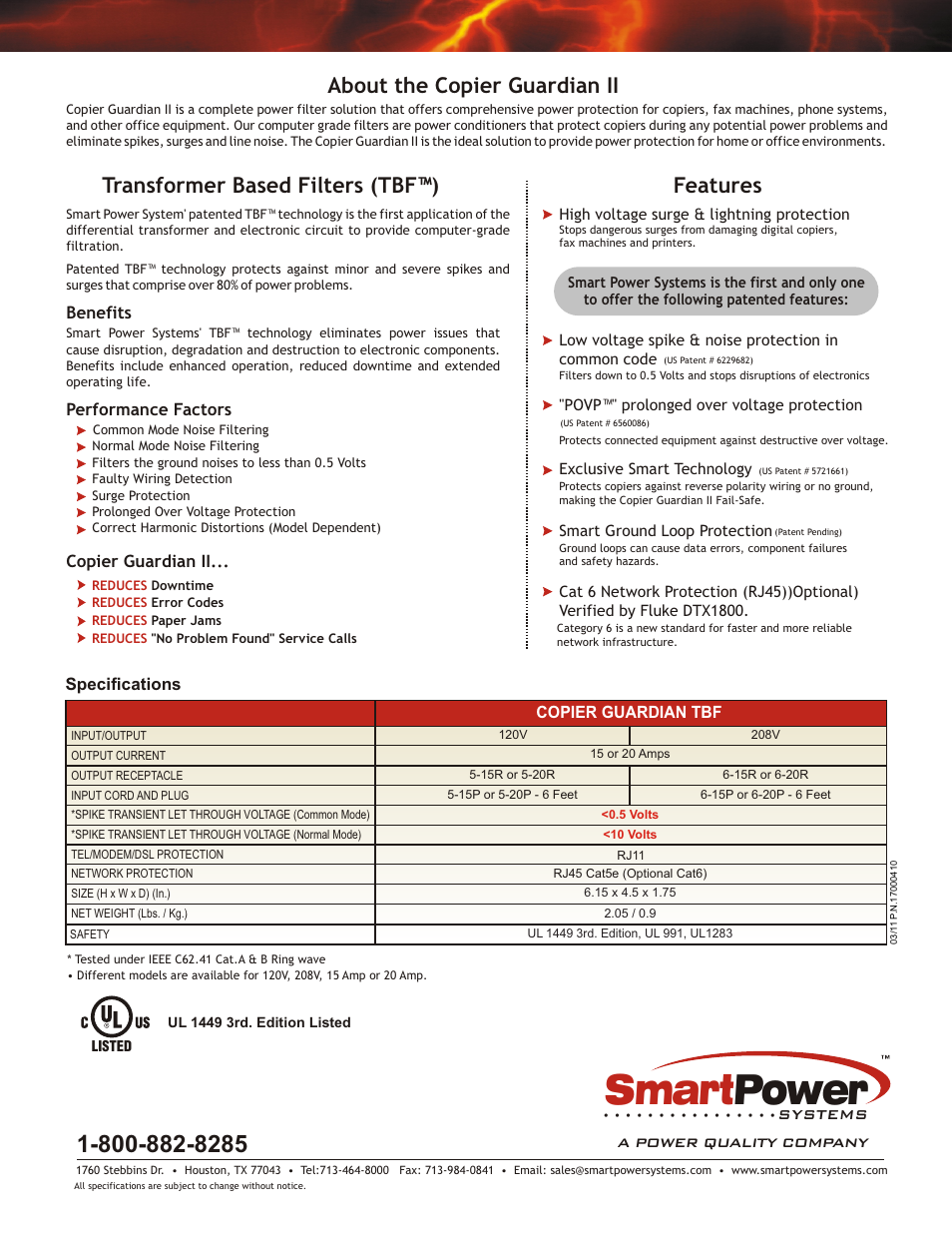 Smart power, Performance factors, Benefits | Specifications, Copier guardian ii, Systems | MaxPower Corp Smart Power TBF Copier Guardian User Manual | Page 2 / 2