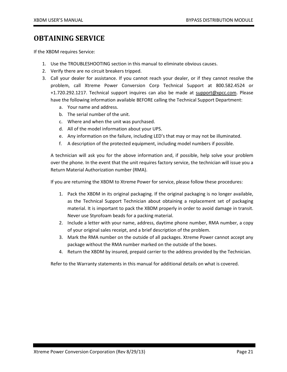 Obtaining service | MaxPower Corp XBDM User Manual | Page 21 / 22