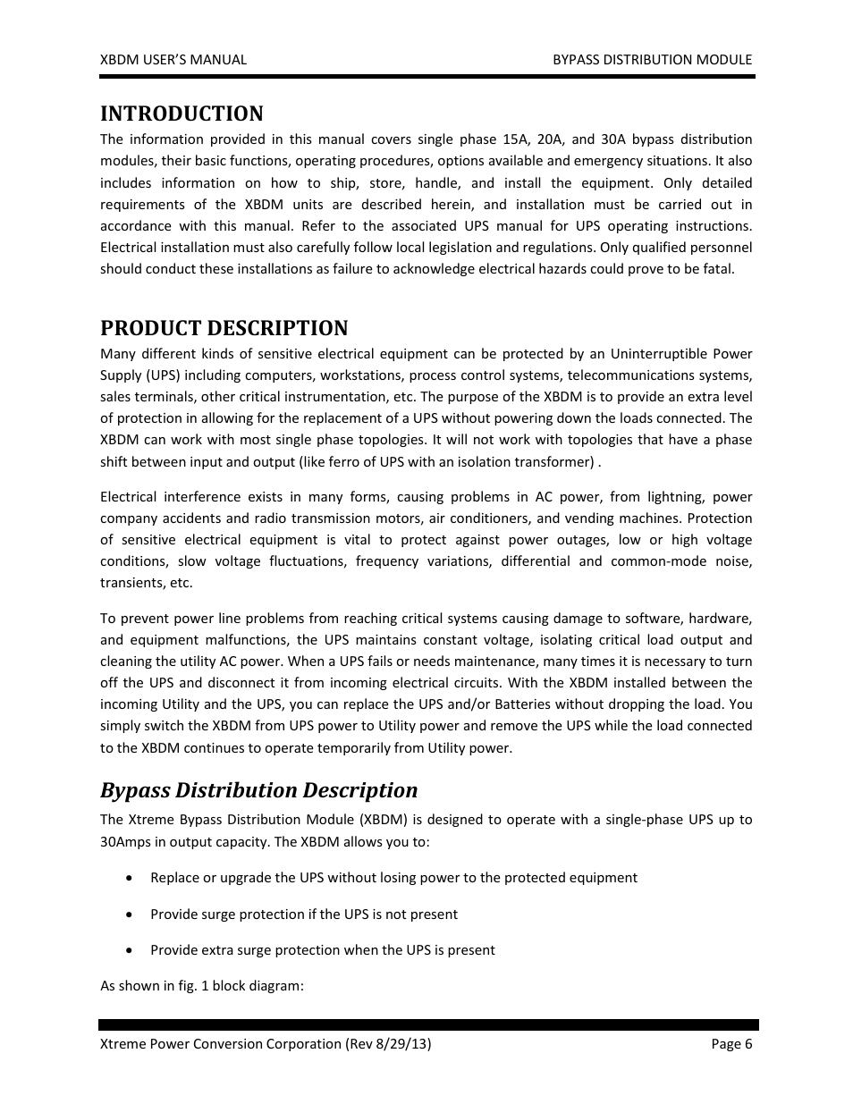 Introduction, Product description, Bypass distribution description | MaxPower Corp XBDM User Manual | Page 6 / 22