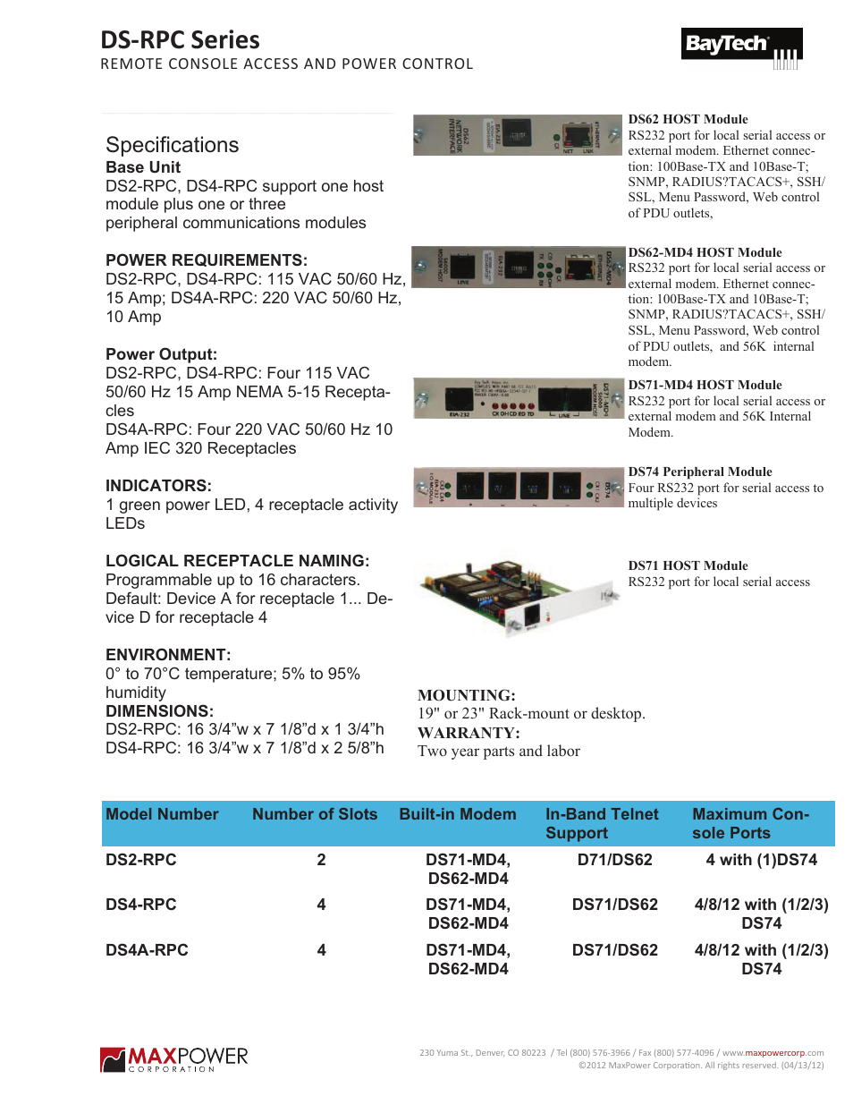 Ds-rpc series, Specifications | MaxPower Corp DS-RPC Series User Manual | Page 2 / 2