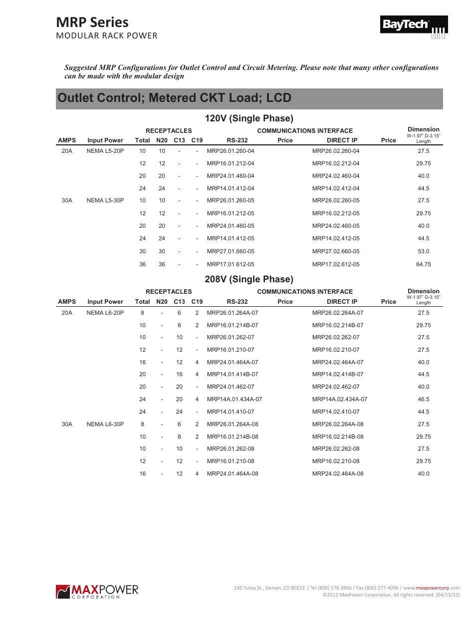 Mrp series, Modular rack power), Outlet control; metered ckt load; lcd | 120v (single phase), 208v (single phase), Modular rack power | MaxPower Corp MRP Series User Manual | Page 2 / 5
