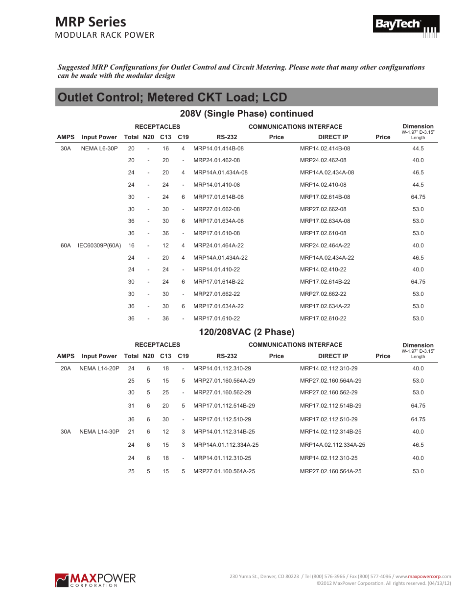 Mrp series, Modular rack power), Outlet control; metered ckt load; lcd | 208v (single phase) continued, Modular rack power | MaxPower Corp MRP Series User Manual | Page 3 / 5